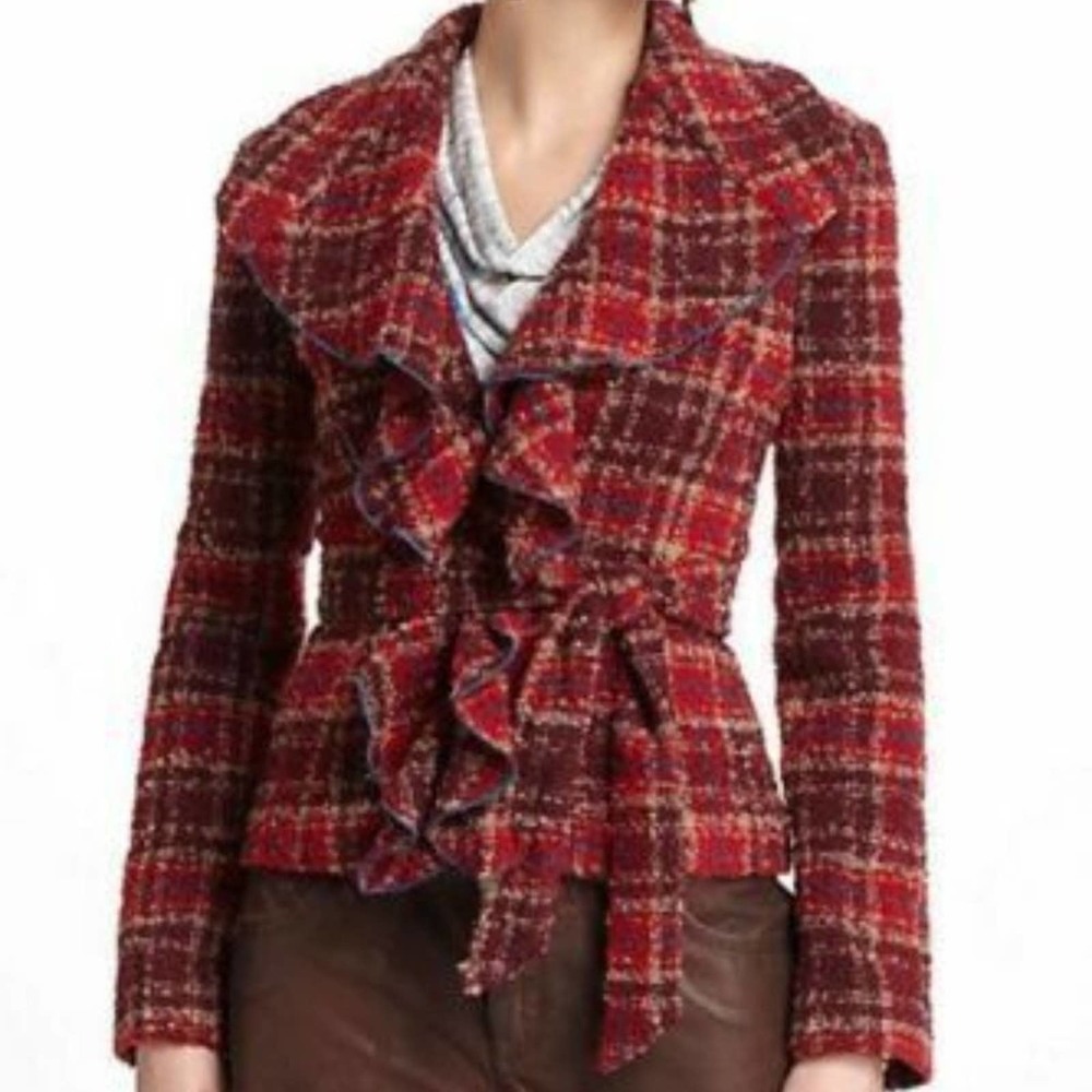 Anthropologie Tabitha Plaid Ruffle Boucle Blazer